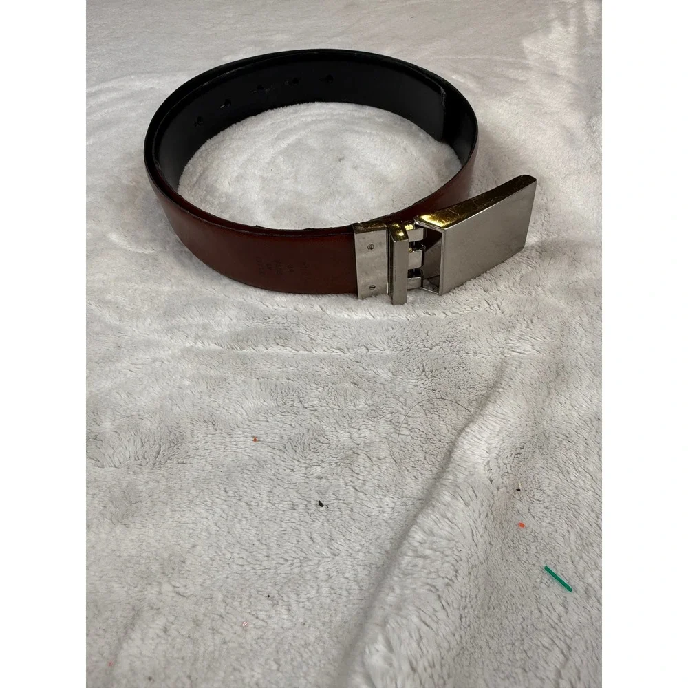 Mens Reversible Leather Belt Brown Black Silver Plaque Buckle Made‎ in Italy 34